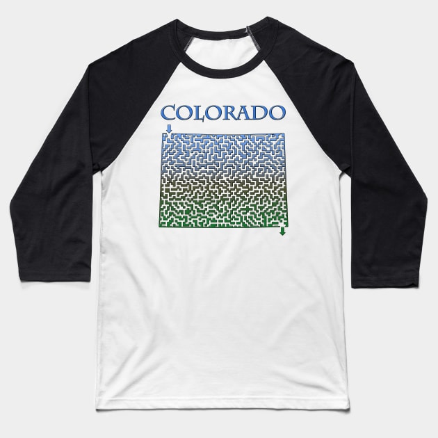 Colorado State Outline Mountain Themed Maze & Labyrinth Baseball T-Shirt by gorff